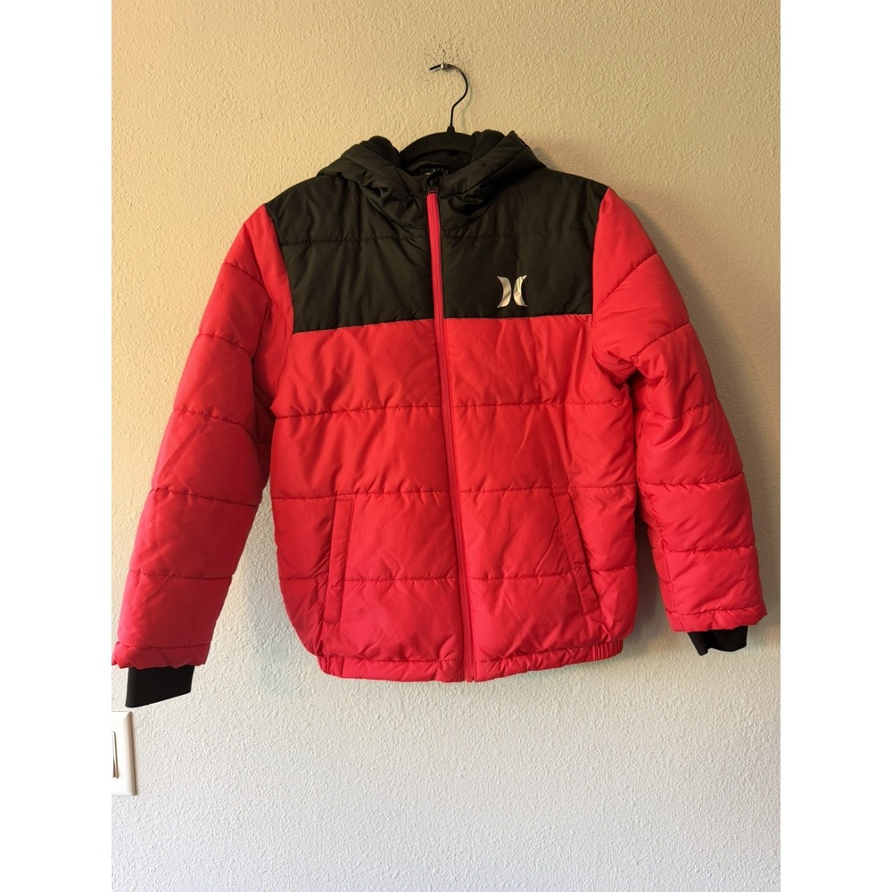 Hurley Youth Boys Kids Puffer Jacket Red Black Large 12-13 Hooded Coat 4132-R3R